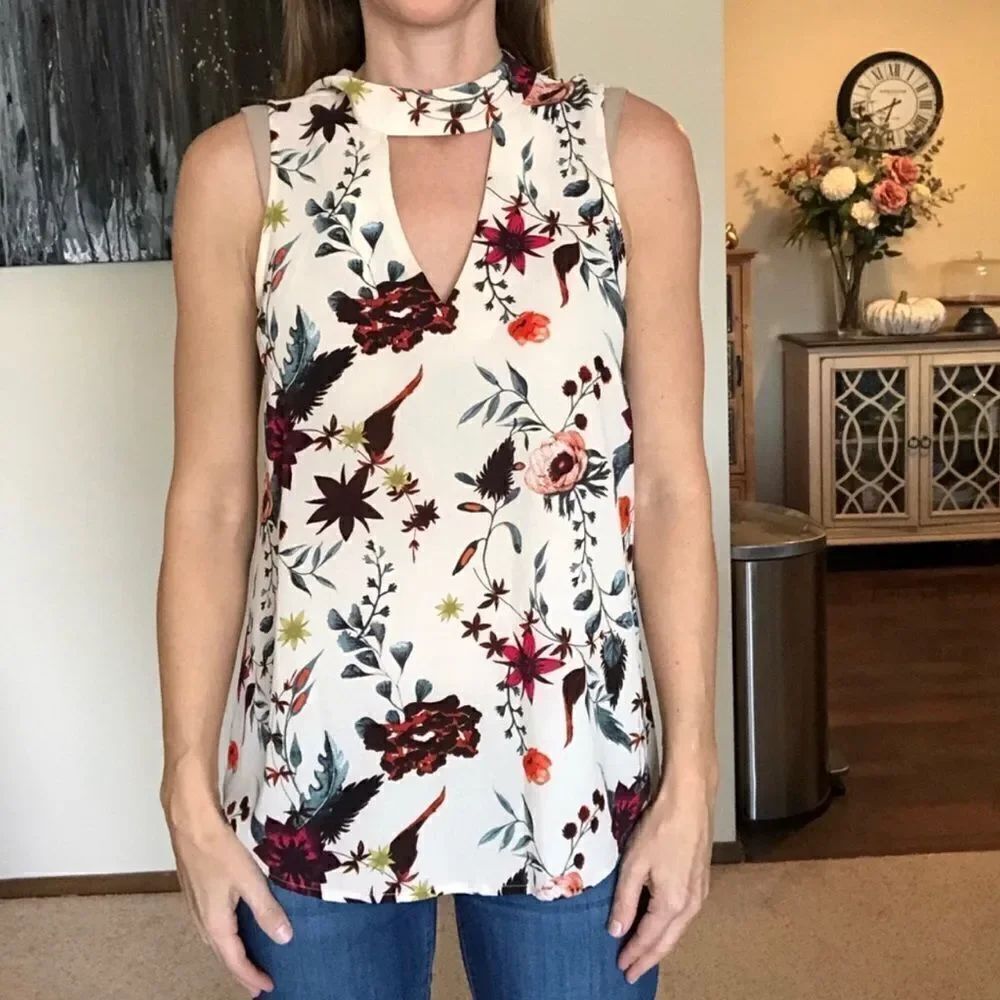 Carolina Bell Bohemian Flowy Top Beige Multi-Color Floral Print Blouse Size M